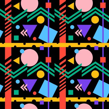 Abstract seamless background with geometric patterns. Multicolored circles, squares, triangles and lines on a black background. Repeating texture for wallpaper design, cover, textile, wrapping. Vectorのイラスト素材