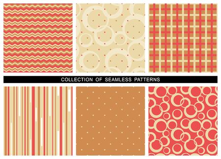 Set of seamless patterns with lines, circles, zigzags, polka dot and checkered ornaments. Soft colors - red, brown, beige. Repeating texture for wallpaper, textile, fabrics, wrapping. Vector image.のイラスト素材