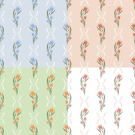Set of seamless patterns with flowers (tulip buds), leaves. Floral ornament on green, blue, pink, beige backgrounds. Soft pastel colors for wallpaper, textile, fabrics, wrapping. Vector illustration.のイラスト素材