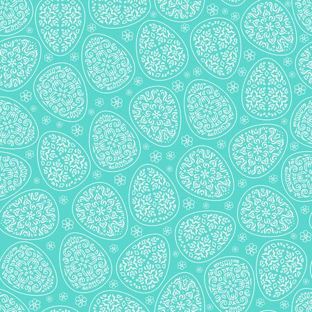 Vector seamless background for happy Easter day. Beautiful eggs with decorative carved ornament and flowers on a blue background. Repeating texture for wallpaper design, website, print, textile.のイラスト素材