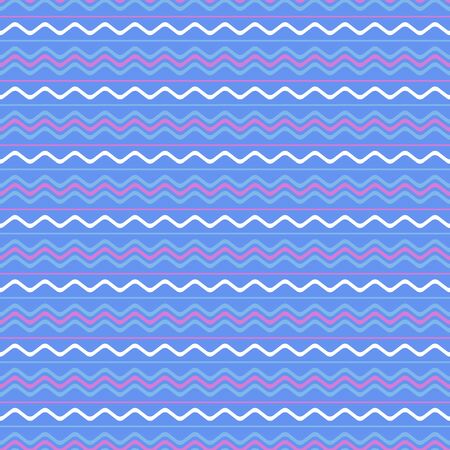 Abstract seamless pattern with zigzag ornament. Horizontal white and purple waves on a blue background. Trendy modern flat design. Repeating texture for wallpaper design, cover, textile, wrap paper.のイラスト素材