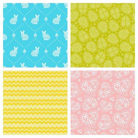 Set of cute multicolored seamless patterns for happy Easter. Eggs, rabbits, hearts, waves, zigzags on green, pink, blue and yellow backgrounds. Texture for wallpaper, textile, fabrics, wrapping paper.のイラスト素材