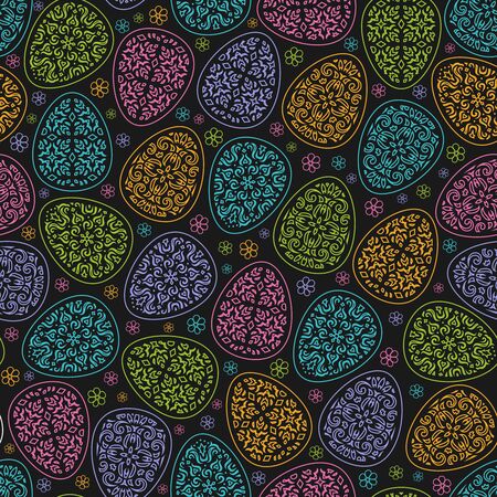 Vector seamless background for happy Easter day. Multi-colored eggs with decorative carved ornament and flowers on a black background. Repeating texture for wallpaper design, website, print, textile.のイラスト素材