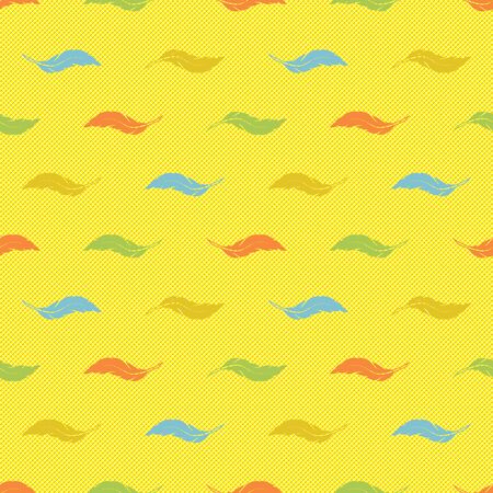 Seamless pattern with colorful feathers on a bright yellow background. Endlessly repeating texture for the design of wallpaper, linens, pillows, textile, wrapping paper. Flat vector illustration.のイラスト素材