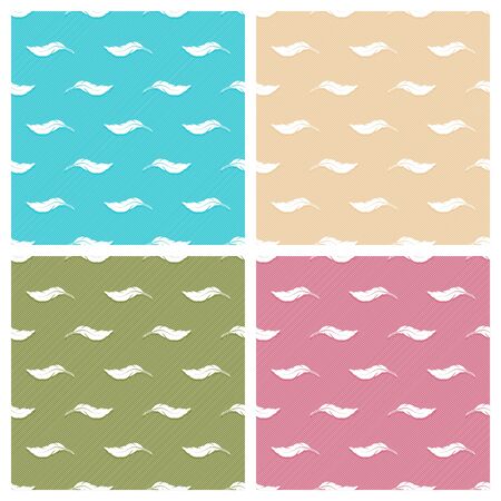 Set of seamless patterns with white feathers and stripes on on blue, green, red, beige backgrounds. Endlessly repeating textures for wallpaper, linens, pillows, textiles, wrapping paper. Flat design.のイラスト素材