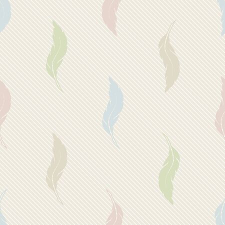 Seamless pattern with multi-colored feathers on a light beige background. Soft calm tones and colors. Endlessly repeating texture for the design of wallpaper, linens, pillows, textile. Vector image.のイラスト素材