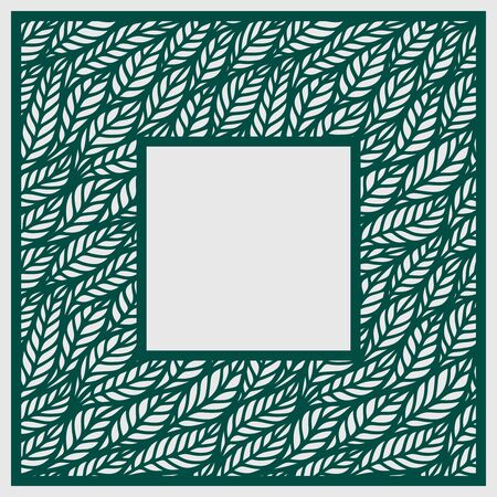 Photo frame with floral ornaments. Square shape with leaves. Green object on a white background. Template for laser cutting, metal engraving, wood carving, paper cut and printing. Vector illustration.のイラスト素材
