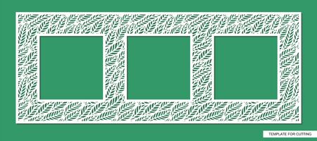 Rectangular frame for three square photos with floral ornaments. Beautiful leaf pattern. White object on a green background. Template for laser cutting, metal engraving, wood carving, paper cut.のイラスト素材