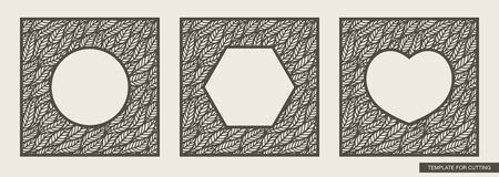 Set of square photo frames with a window in the shape of a circle, heart, hexagon. Lace floral ornament with leaf patterns. Template for laser cutting, metal engraving, wood carving, paper cut. Vectorのイラスト素材