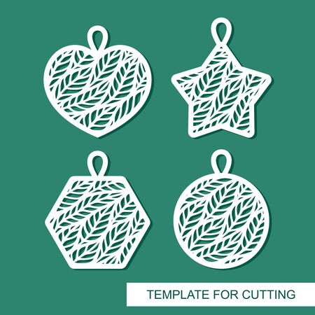 Set of pendants in the shape of a heart, star, circle, hexagon. Beautiful lace floral pattern of leaves. Vector template for laser cutting, metal engraving, wood carving, paper cut or printing.のイラスト素材