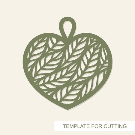 Pendant in the shape of heart with leaves inside. Openwork template for laser cutting, metal engraving, wood carving, plywood, cardboard, paper cut or printing. Floral ornament. Vector illustration.のイラスト素材