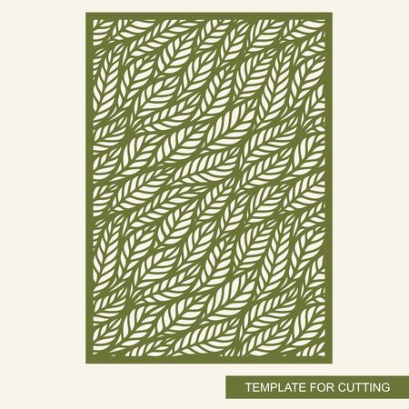 Decorative rectangular panel. Green botanical pattern of leaves. Openwork template for laser cutting, metal engraving, wood carving, plywood, cardboard, paper cut. Plant theme. Vector illustration.のイラスト素材