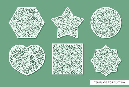 Set of decorative panels in the shape of heart, circle, square, hexagon, star. Botanical theme with openwork floral ornament of leaves. Vector template for laser cutting, carving, engraving, paper cutのイラスト素材