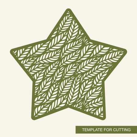 Decorative panel in the shape of an five-pointed star. Floral pattern of leaves. Openwork template for laser cutting, metal engraving, wood carving, plywood, cardboard, paper cut. Vector illustration.のイラスト素材