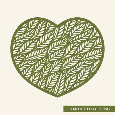 Decorative panel in the shape of a heart. Floral pattern of leaves. Openwork template for laser cutting, metal engraving, wood carving, plywood, cardboard, paper cut. Plant theme. Vector illustration.のイラスト素材