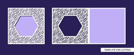 Decorative square card with a fold. Lacy botanical pattern of leaves. Cutout silhouette. Save the date. Openwork template for laser cutting, cardboard, paper cut, printing. Copy space. Vector image.のイラスト素材