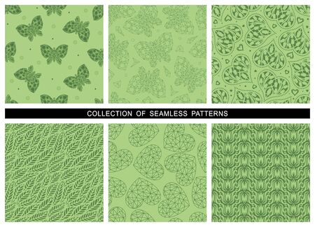 Set of summer and spring seamless patterns in green colors. Butterflies, flowers, hearts, tulips and leaves. Vector repeating texture for wallpaper design, textile, web, fabrics, wrapping paper.のイラスト素材