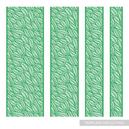 Set of seamless borders with a pattern of leaves. Beautiful edge treatment with floral ornaments. Different width of panels. Green elements on a white background. Vector template for laser cutting.のイラスト素材