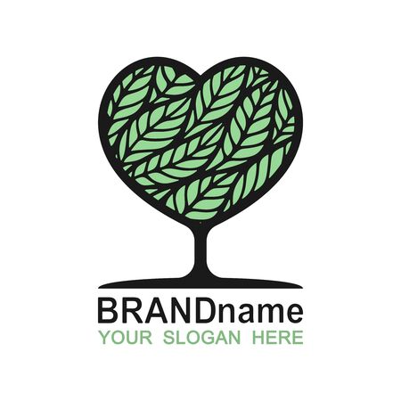 Logo tree heart with green leaves. Eco icon, sign, symbol, brand identity for business, agriculture, cosmetics, organic products, natural healthy foods, environmental projects. Vector illustration.のイラスト素材