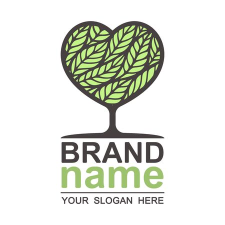 Tree heart logo with green beautiful leaves inside. Eco icon, sign, symbol, brand identity for business, cosmetics, organic products, natural healthy foods, environmental projects. Vector illustrationのイラスト素材