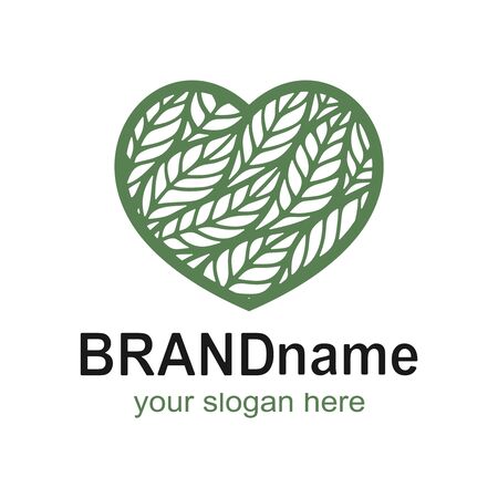 Heart shaped logo with green leaves. Eco icon, bio sign, symbol, brand identity for business, agriculture, cosmetics, organic products, natural healthy foods, environmental projects. Vector image.のイラスト素材