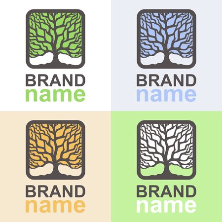 Set of tree logos at different times of the year. Square icons with brown branches and trunks on a white, blue, orange and green background. Icon, sign, symbol or brand identity. Vector illustration.のイラスト素材