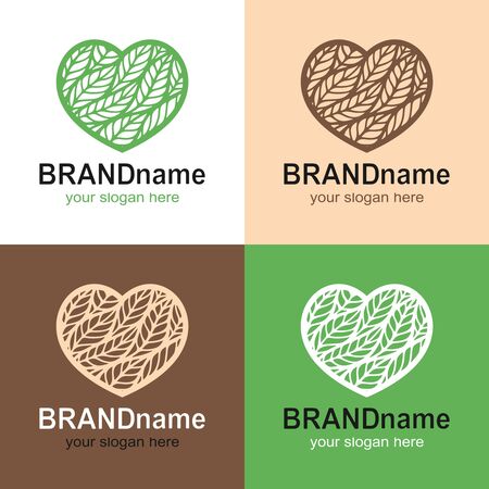 Set of logos of hearts with leaves, spikelets on a white, beige, green, brown background. Eco icon, sign, symbol, brand identity for agriculture, cosmetics, organic, natural healthy foods, bakeries.のイラスト素材