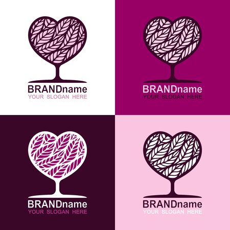 Set of logos of tree hearts in burgundy, red, pink colors. Trendy icon, modern sign, symbol, brand identity for business, agriculture, cosmetics, organic products, grocery or bread shop. Vector image.のイラスト素材