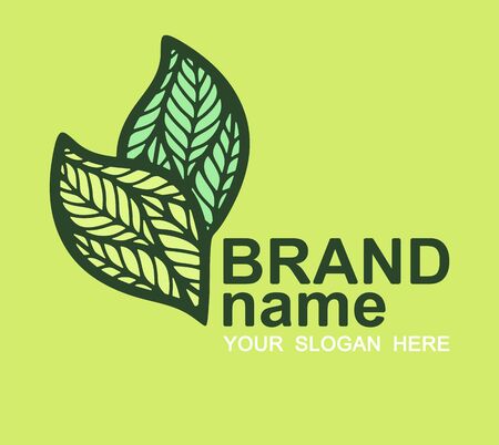 Logo with two leaves on a green background. Eco icon, bio sign, symbol, brand identity for business, cosmetics, organic products, natural healthy foods, environmental projects. Vector illustration.のイラスト素材