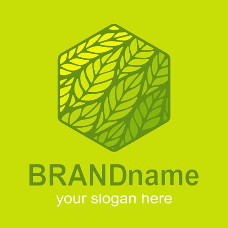 Logo hexagon with green leaves inside. Eco icon, sign, symbol, brand identity for business, agriculture, cosmetics, organic products, natural healthy foods, environmental projects. Vector illustrationのイラスト素材