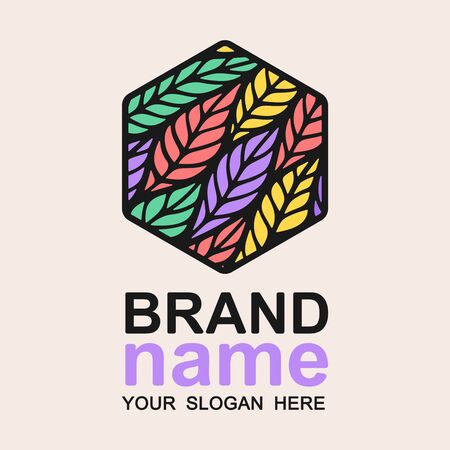 Colorful hexagon logo with multicolor bright leaves (feathers). Trendy icon, sign, symbol, brand identity for business, cosmetic, product, fashion industry, clothing store, shop. Vector illustration.のイラスト素材