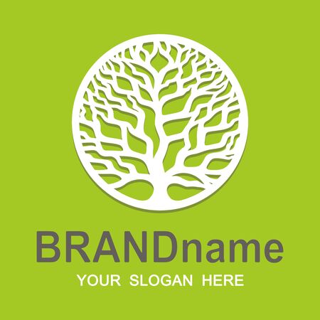 Tree of life logo in a round frame. White branches without leaves, trunk on green background. Icon, sign, symbol, brand identity for business, cosmetics, products, food, environmental projects. Vectorのイラスト素材