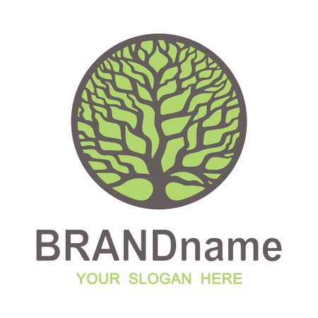Logo branchy brown tree of life. Round green eco icon, bio sign, symbol, brand identity for business, agriculture, cosmetics, organic products, natural healthy foods, environmental projects. Vector.のイラスト素材