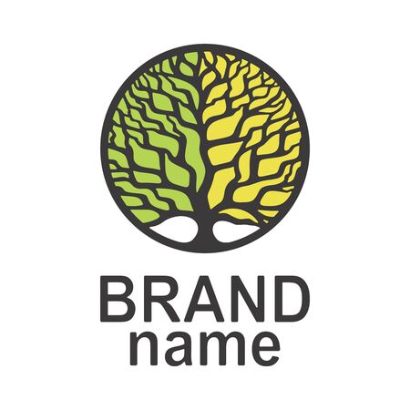 Tree of life logo in a round frame. Two-tone crown of yellow and green colors. Brown branches, trunk, text, words. Icon, sign, symbol, brand identity for agriculture, bio, eco, natural, organic foods.のイラスト素材