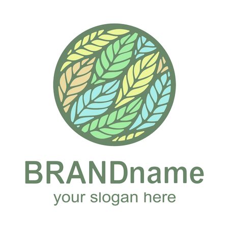 Round logo with colorful leaves (feathers) - yellow, green, blue, orange. Eco icon, bio sign, symbol, brand identity for business, agriculture, organic products, natural healthy foods. Vector image.のイラスト素材