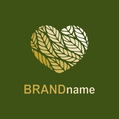 Gold heart logo on a dark green background. Floral ornament (with waves of leaves, spikelets or feathers). Icon, sign, symbol, brand identity for business, cosmetic, fashion, food. Vector illustrationのイラスト素材