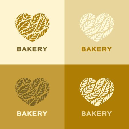 Set of hearts  with leaves (ears) in yellow, brown, beige colors. Icon, sign, symbol, brand identity for agriculture, flour products, organic, natural healthy food, bakery, grocery or bread shop.のイラスト素材