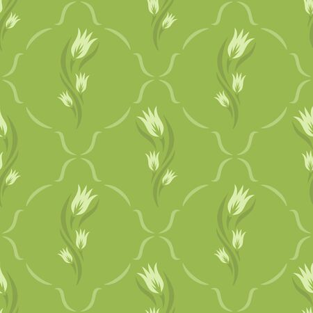 Seamless pattern with flowers (tulip buds). Soft green floral motif for summer and spring. Endless repeating texture for fabrics, textiles, linens, carpets, wrapping paper, tiles. Vector illustration.のイラスト素材