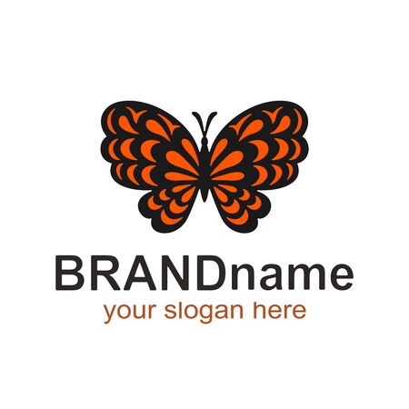 Logo red butterfly with a black outline on a white background. Icon, cute sign, symbol, brand identity for business, cosmetic, fashion, beauty salon, hairdresser, yoga studio, kids club. Vector image.のイラスト素材