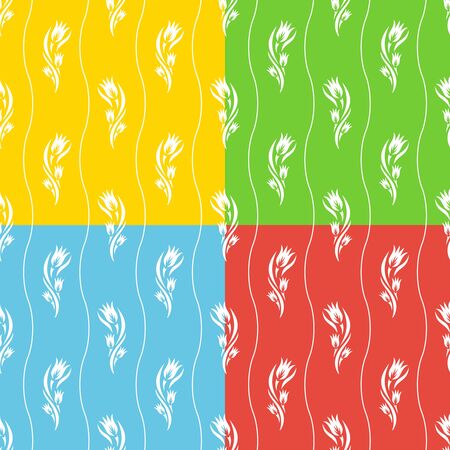 Set of seamless patterns with flowers (tulip buds). White floral motif for summer and spring on bright yellow, red, blue, green background. Vector repeating texture for fabric, textile, linens, paper.のイラスト素材