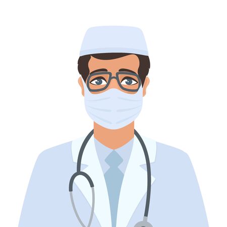 Portrait of an infectious disease doctor in a protective medical mask, hat, white coat. Male virologist or therapist with dark hair, glasses, a stethoscope on his neck. Isolated vector illustration.のイラスト素材
