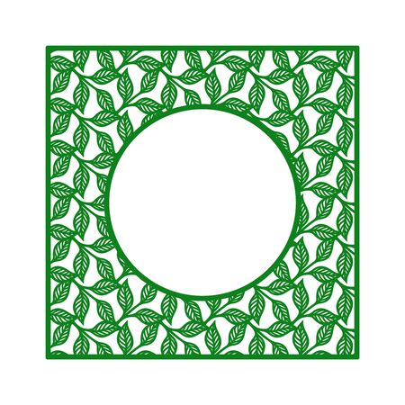 Vector square photo frame. Pattern of branches, leaves. Design element, sample panel for plotter cutting, handmade. Template for paper cut, plywood, cardboard, metal engraving, wood carving, printing.のイラスト素材