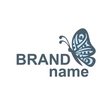 butterfly profile sits on the text (brand name). Modern sign,  template for women's clothing store, cosmetics, gifts shop, perfumes, jewelry, beauty salon, hairdresser, kids club.のイラスト素材