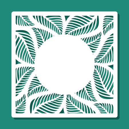 Square frame with a floral pattern of leaves and a place for text (copy space) in the center. White object on a green background. Vector design template for laser cutting of paper, cardboard, plywood.のイラスト素材