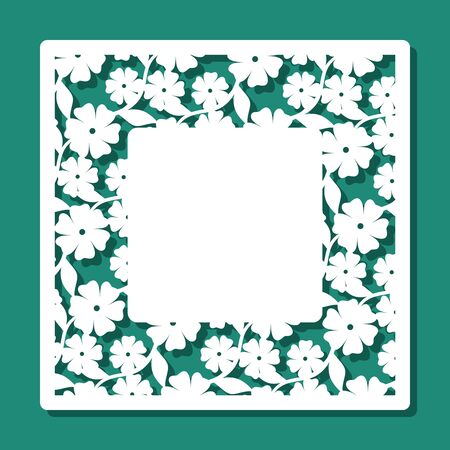 Square frame with a floral pattern of flowers and leaves and a place for text (copy space) in the middle. Template for laser cutting, wood carving, plywood or metal. Vector illustration.のイラスト素材