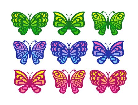 Set of butterflies on a white background. The gradient pattern of the wings is yellow-green, blue-pink and red-orange. Cartoon style. Vector illustration.のイラスト素材