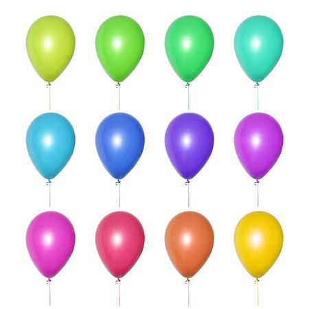 Set of bright multi-colored balloons of all shades, arranged in three rows. Isolated objects on a white background. Festive decoration for a children's birthday, wedding or party. Collage or banner.の写真素材