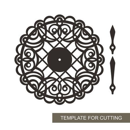 Unusual round wall clock with an openwork pattern. Dial without numbers, minute and hour hands. For a stylish interior. Vector template for laser cutting of paper, wood, plywood, metal engraving.のイラスト素材