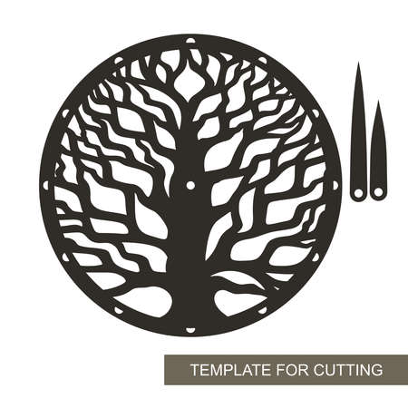 Round dial with decorative tree (trunk, dense branches) inside. Hour and minute hands. An unusual design element for the interior. Vector layout for laser cutting (cnc).のイラスト素材