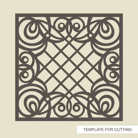 Square frame with a beautiful openwork pattern and a lattice in the center. Template for laser cutting (cnc), wood carving, paper cut or printing. Vector illustration.のイラスト素材